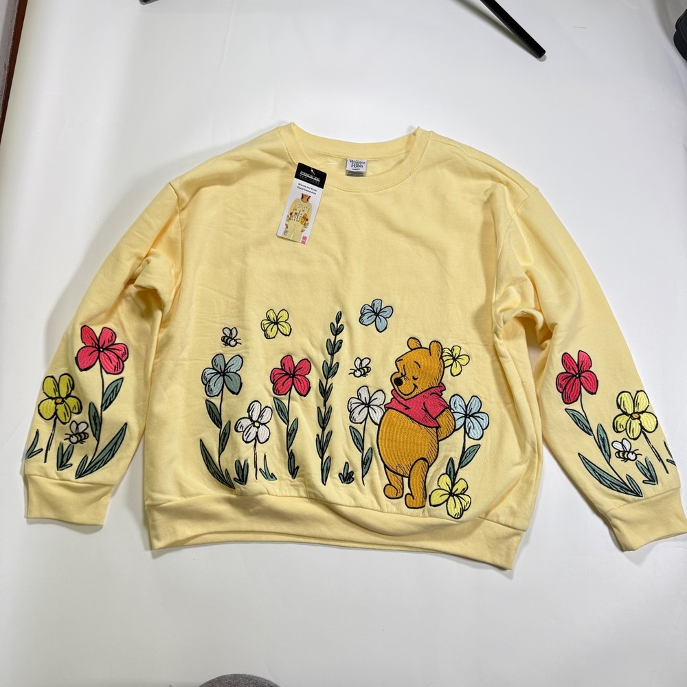 Disney Winnie the Pooh Floral Sweatshirt Womens XXL Yellow NEW Embroidered Bees